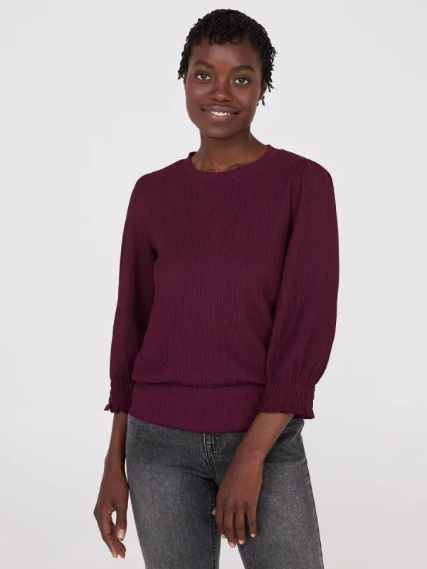 Textured 3/4 Sleeve Round Neck Top sold by Suzy Shier