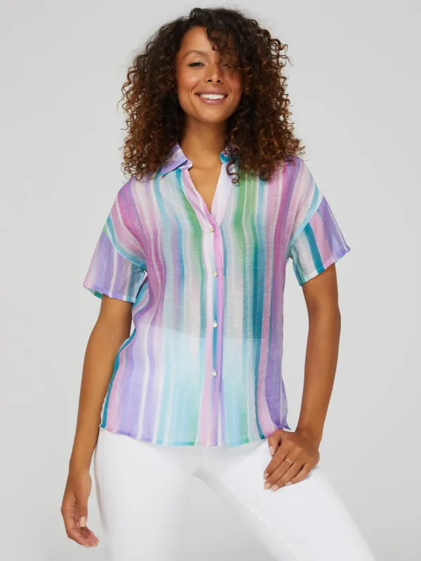 Striped Short Sleeve Blouse With Shell Buttons sold by Suzy Shier