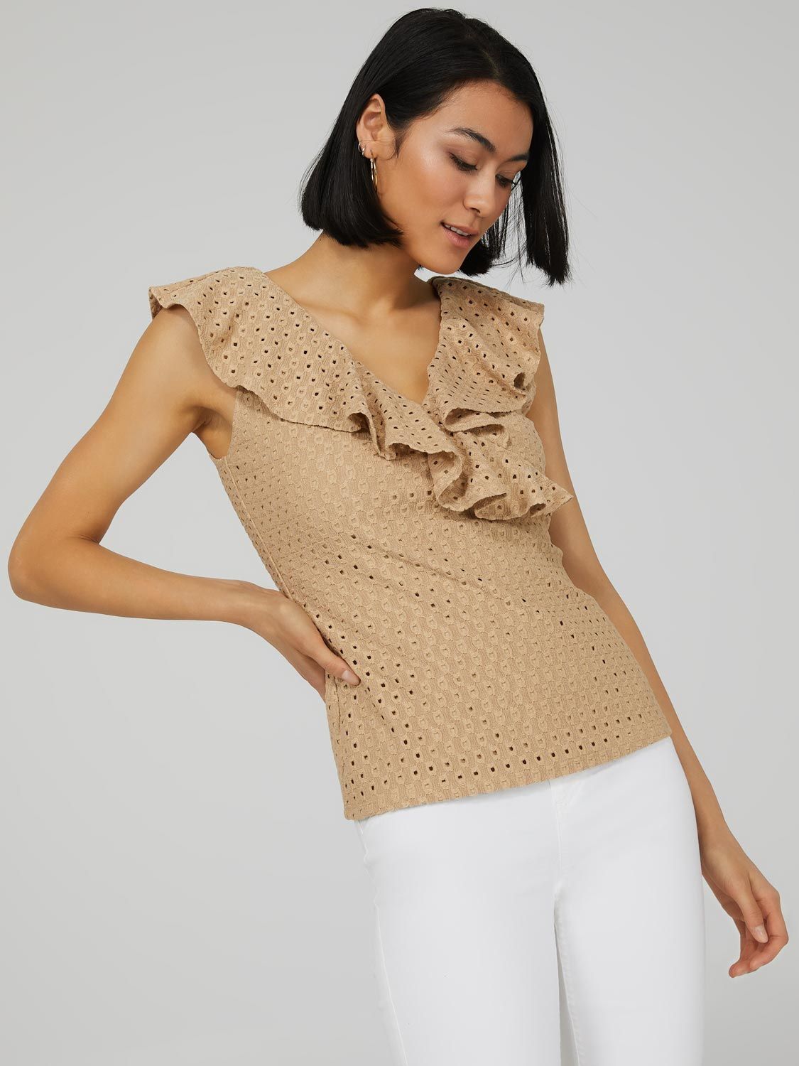 Sleeveless Ruffle Crossover Eyelet Top sold by Suzy Shier