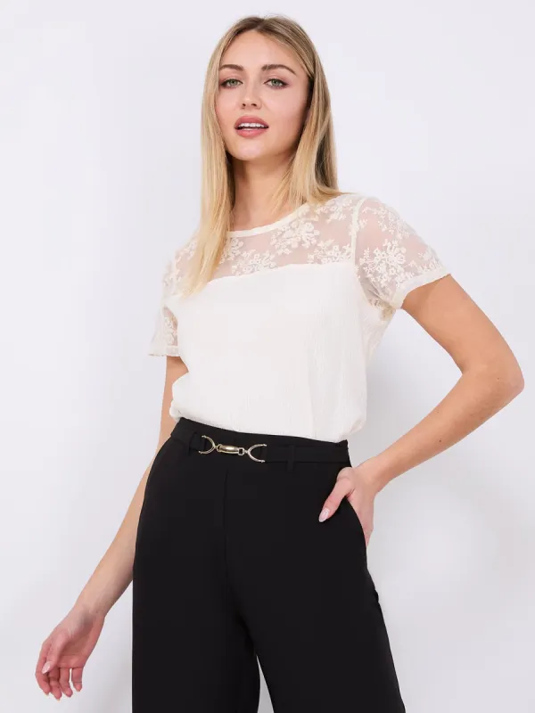 Floral Embroidered Mesh Short Sleeve Top sold by Suzy Shier