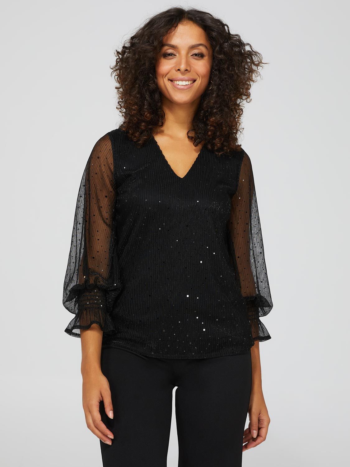 Glitter Crinkle Mesh Long Sleeve Top sold by Suzy Shier