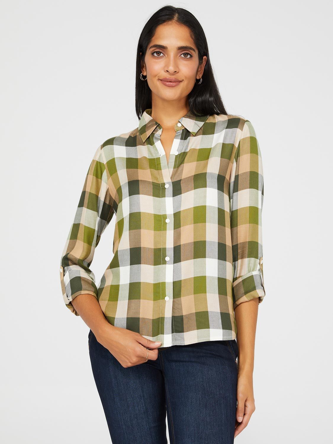 Plaid Button-Front Blouse sold by Suzy Shier