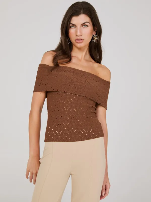 Eyelet Jacquard Off-The-Shoulder Top sold by Suzy Shier
