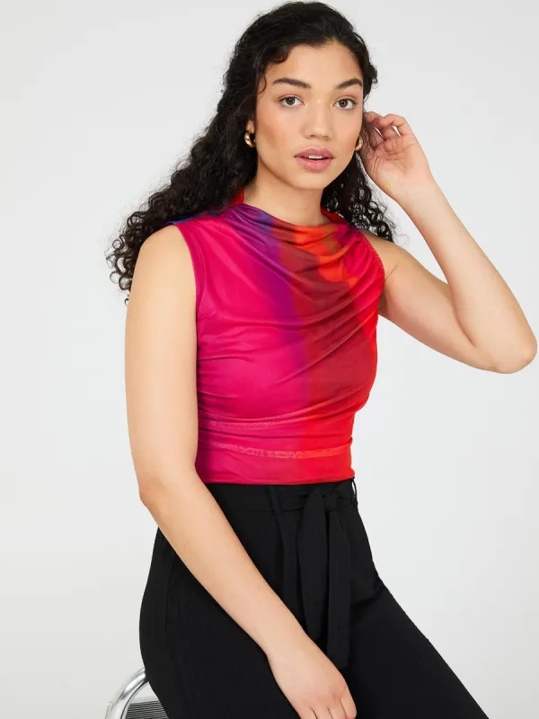 Colourwash Asymmetrical Neckline Mesh Top sold by Suzy Shier