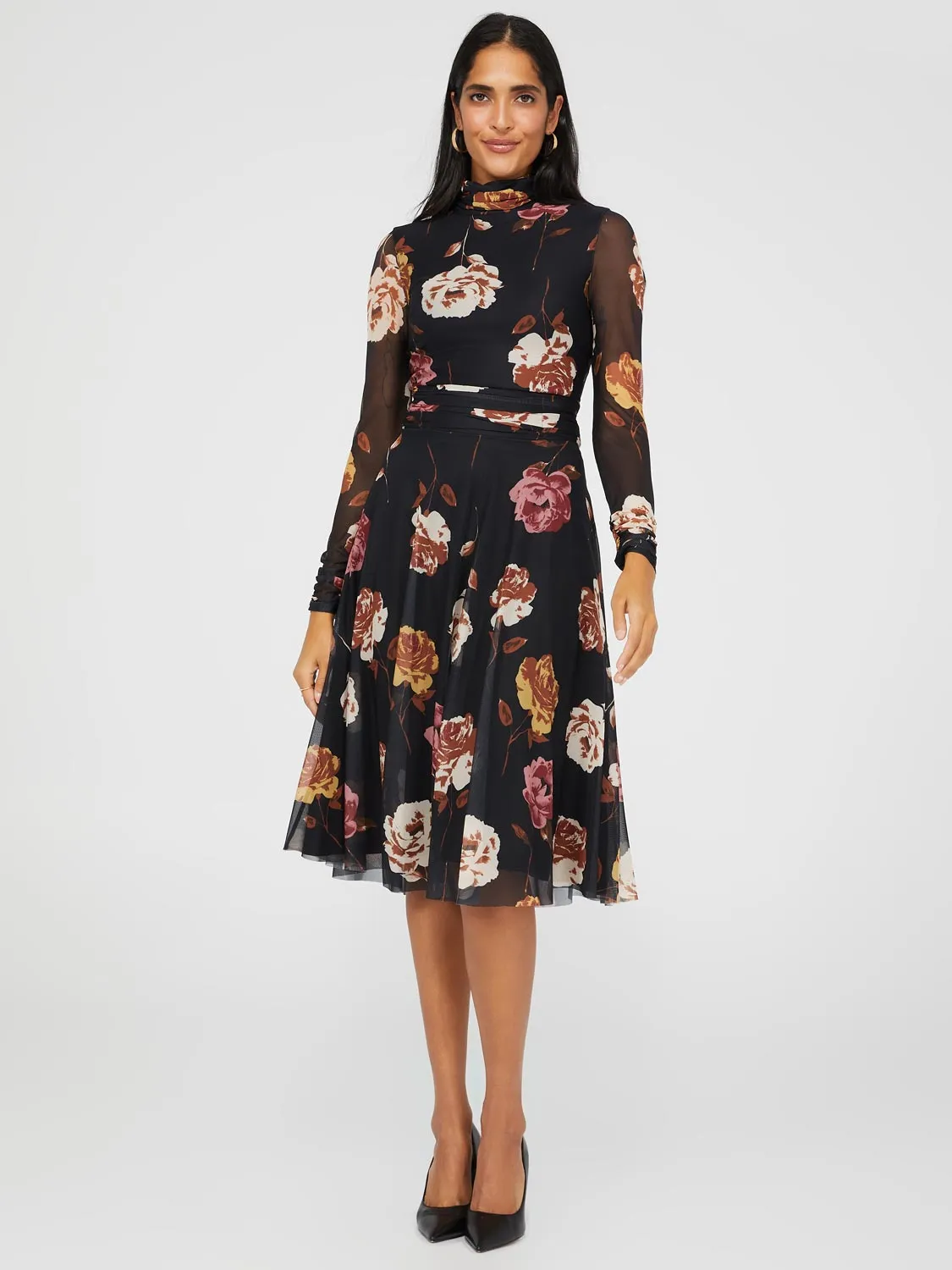 Printed Mesh Mock Neck Midi Dress With Side Pockets sold by Suzy Shier product image thumbnail 4