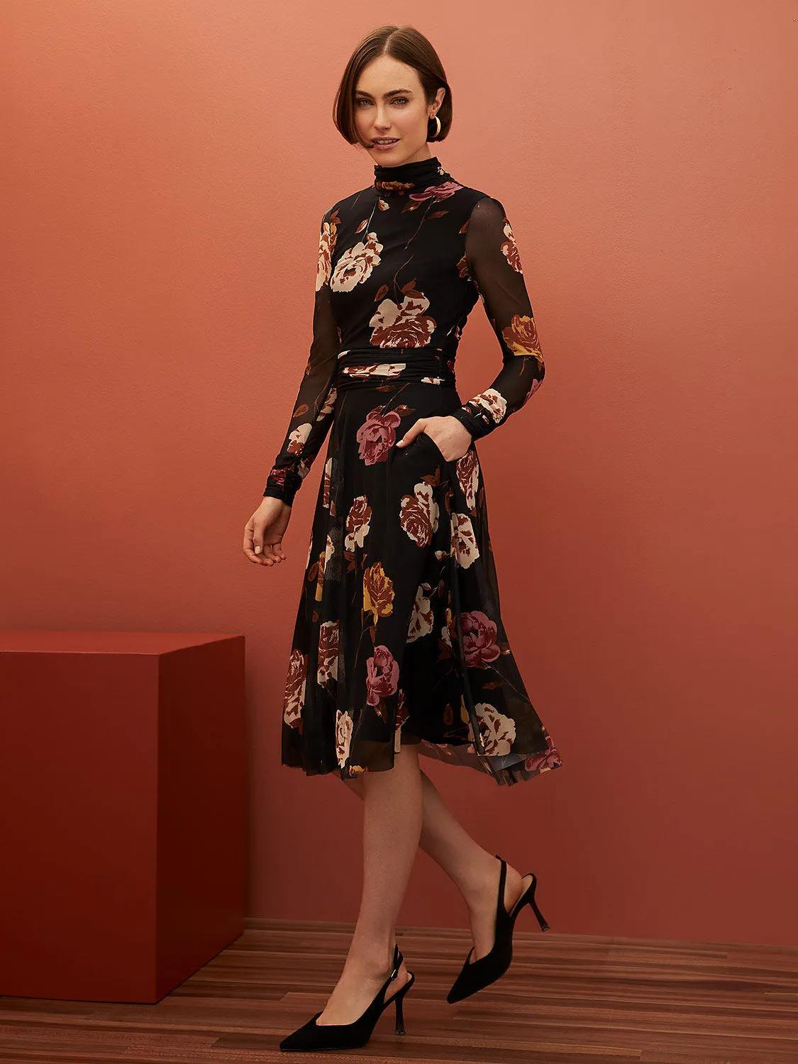 Printed Mesh Mock Neck Midi Dress With Side Pockets sold by Suzy Shier