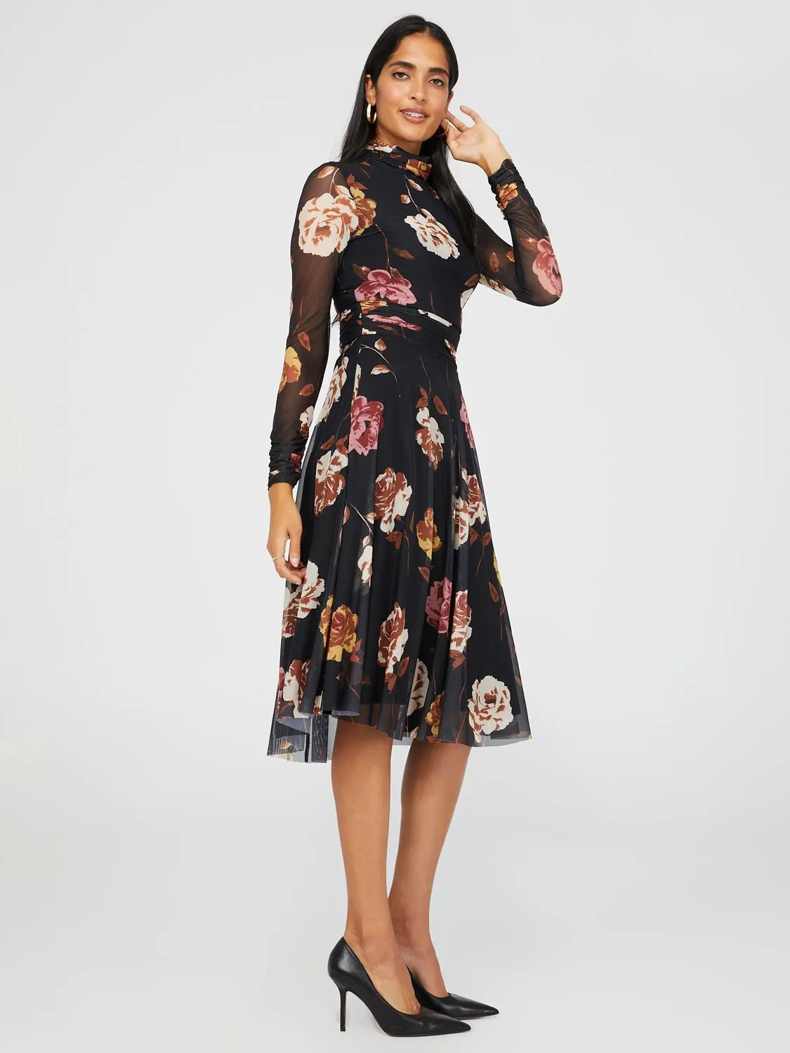 Printed Mesh Mock Neck Midi Dress With Side Pockets sold by Suzy Shier product image thumbnail 5