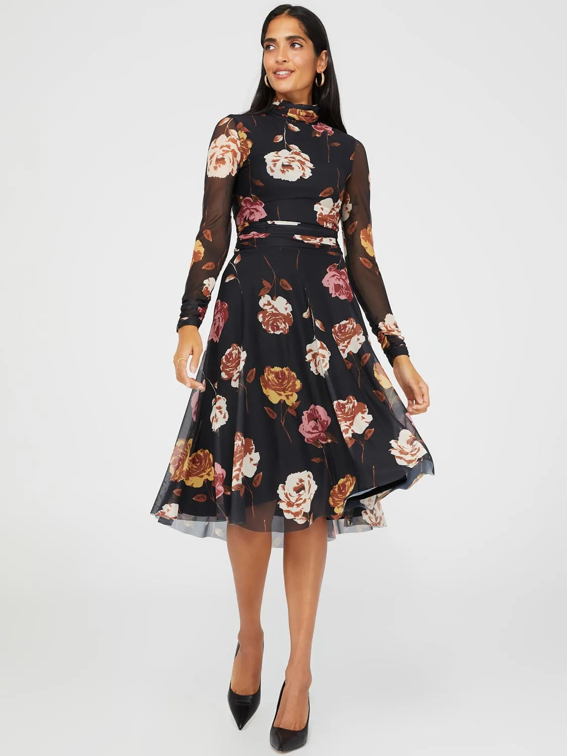 Printed Mesh Mock Neck Midi Dress With Side Pockets sold by Suzy Shier product image thumbnail 2