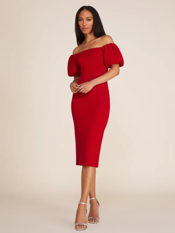 Off-The-Shoulder Puff Sleeve Fitted Midi Dress sold by Suzy Shier