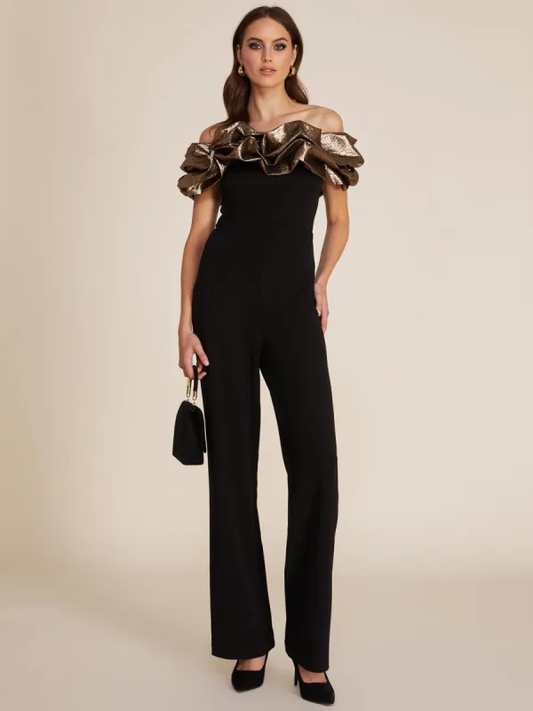 Metallic Jacquard Off-The-Shoulder Straight Leg Jumpsuit sold by Suzy Shier