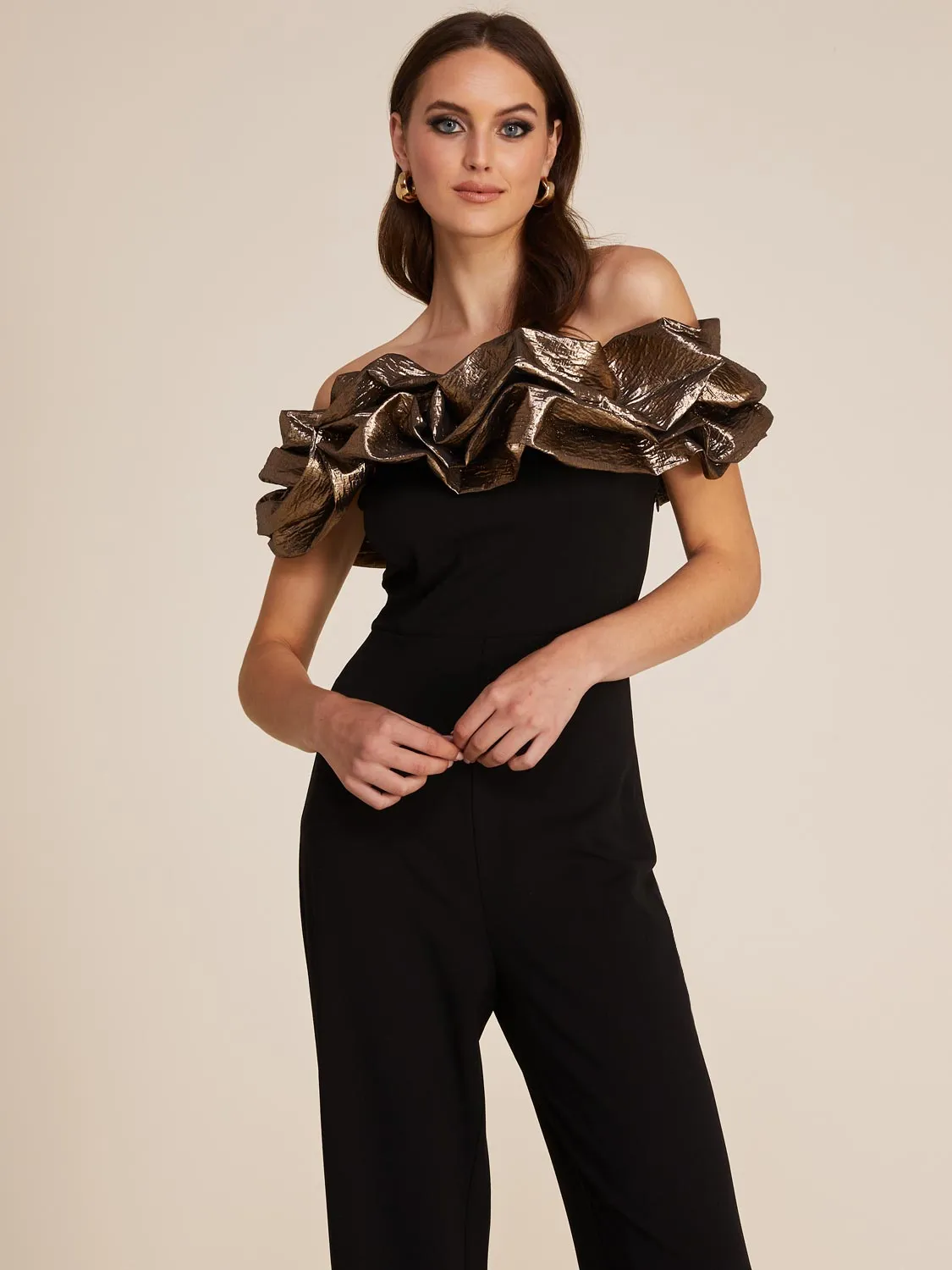 Metallic Jacquard Off-The-Shoulder Straight Leg Jumpsuit sold by Suzy Shier product image thumbnail 2