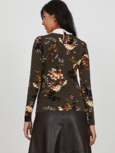 Peter Pan Bow Tie Chiffon Collar Printed Crepe Knit Top sold by Suzy Shier