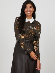 Peter Pan Bow Tie Chiffon Collar Printed Crepe Knit Top sold by Suzy Shier