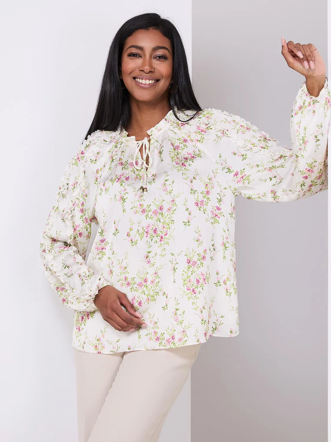 Floral Print Popover Blouse With Neck Tie sold by Suzy Shier