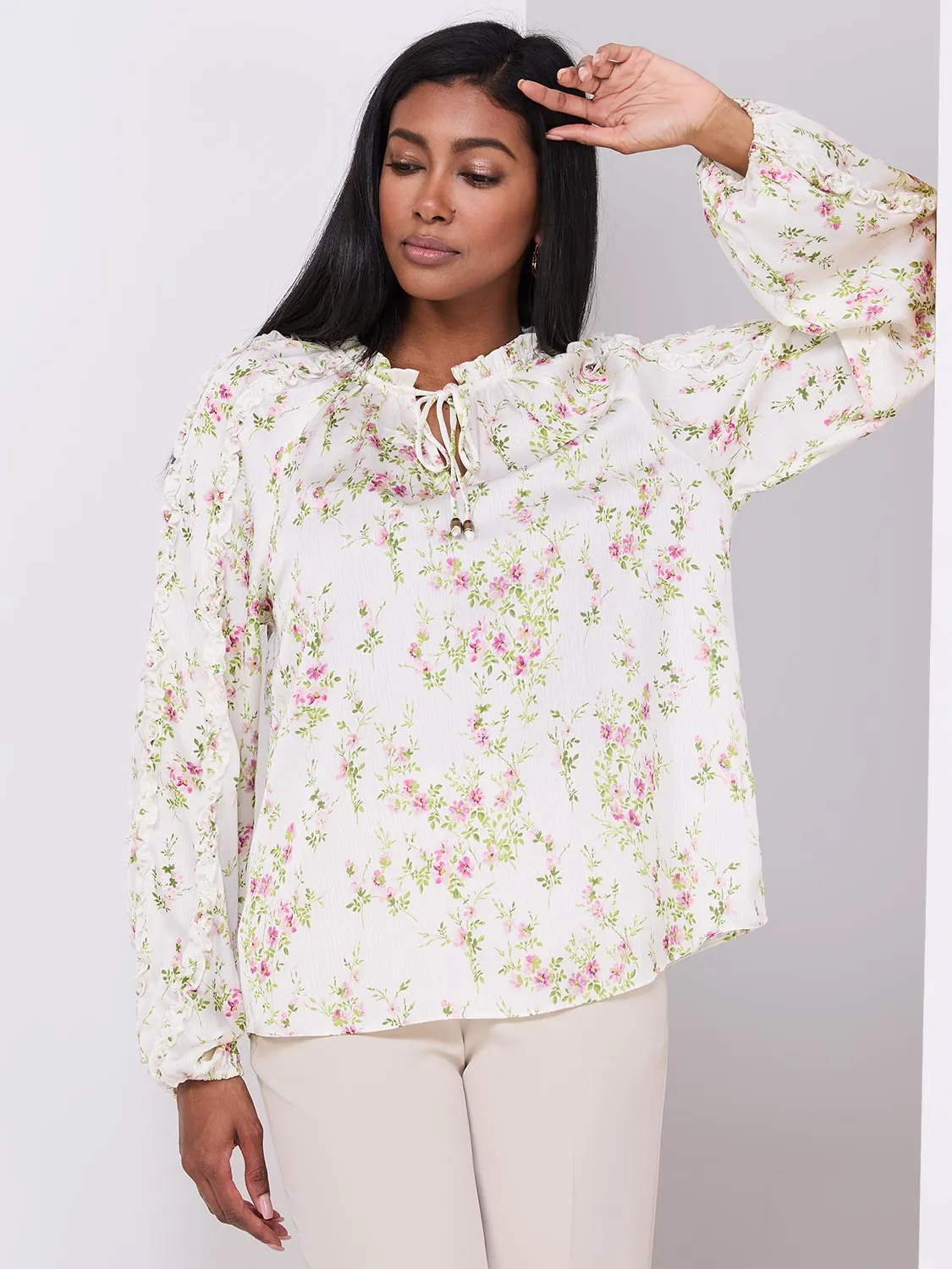 Floral Print Popover Blouse With Neck Tie sold by Suzy Shier product image thumbnail 3