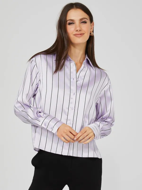 Waisted Striped Satin Button-Front Blouse sold by Suzy Shier