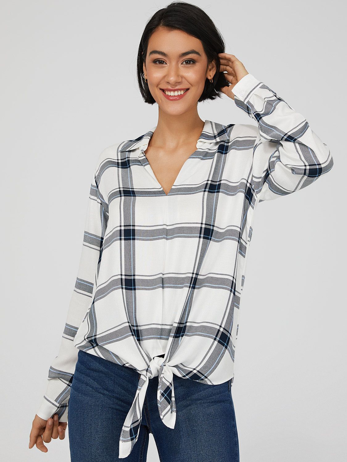 Plaid Crossover Self-Tie Blouse sold by Suzy Shier product image thumbnail 3