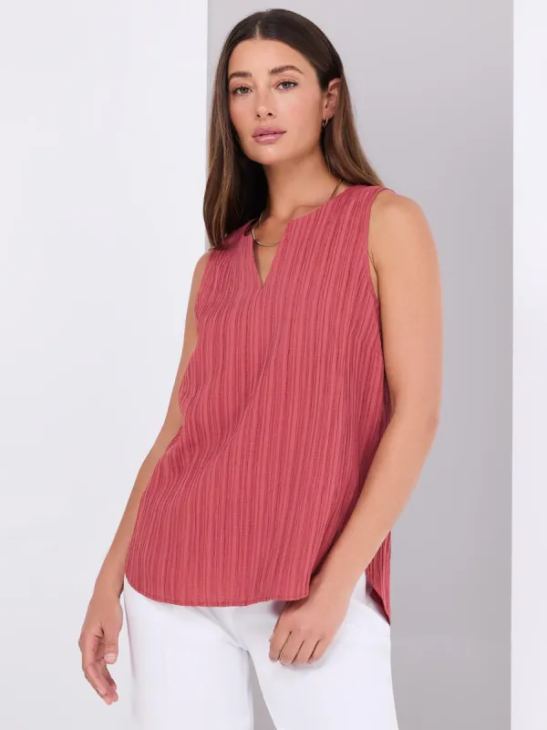 Sleeveless Textured Split Neck Top sold by Suzy Shier