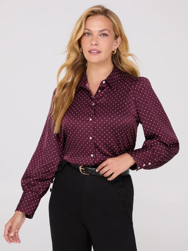 Dot Print Satin Volume Sleeve Button-Front Blouse sold by Suzy Shier