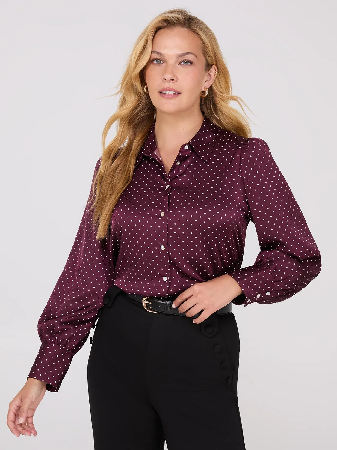 Dot Print Satin Volume Sleeve Button-Front Blouse sold by Suzy Shier
