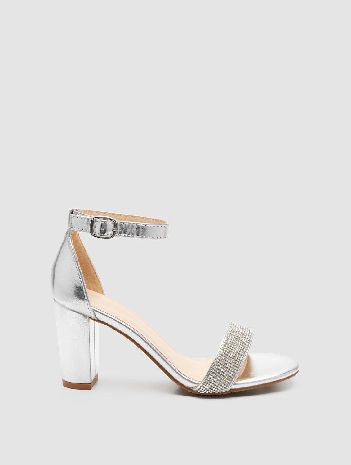 Faux Leather Round Toe Block Heel Sandal With Rhinestones sold by Suzy Shier