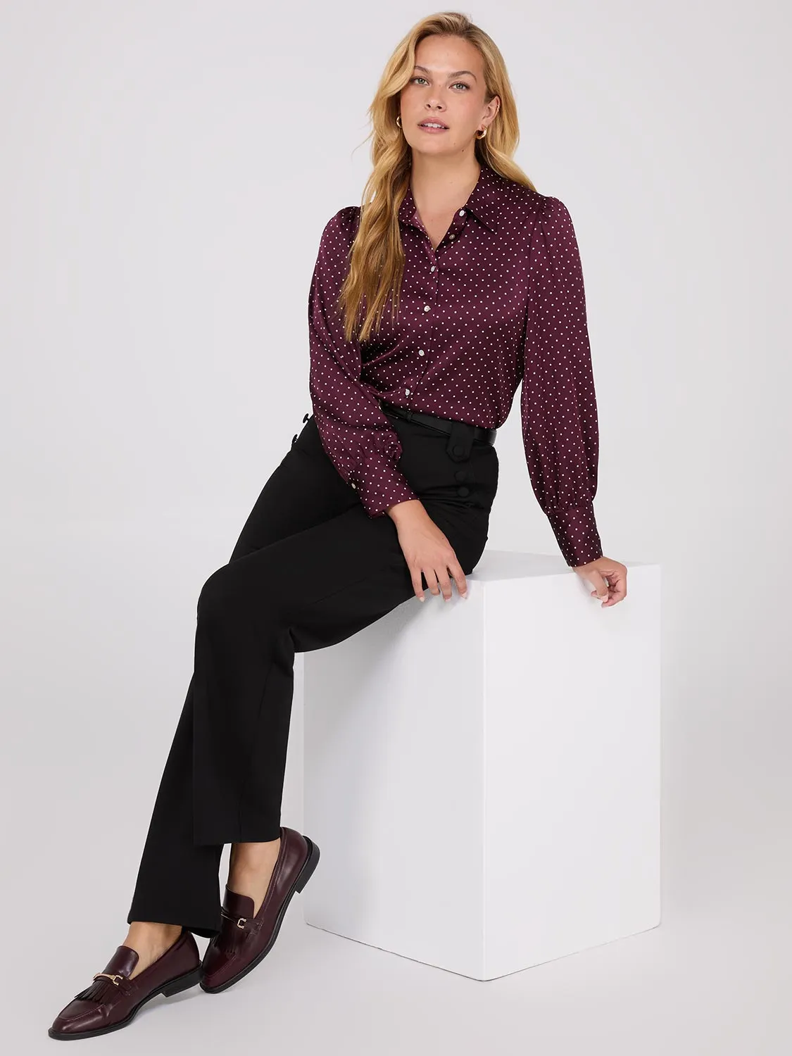 Dot Print Satin Volume Sleeve Button-Front Blouse sold by Suzy Shier product image thumbnail 2