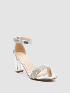 Faux Leather Round Toe Block Heel Sandal With Rhinestones sold by Suzy Shier