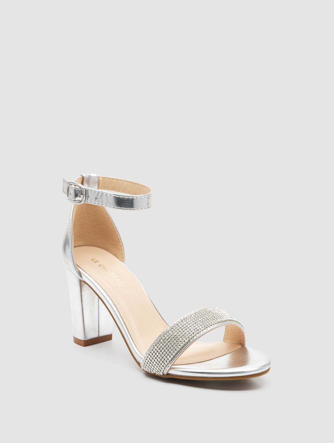 Faux Leather Round Toe Block Heel Sandal With Rhinestones sold by Suzy Shier product image thumbnail 2