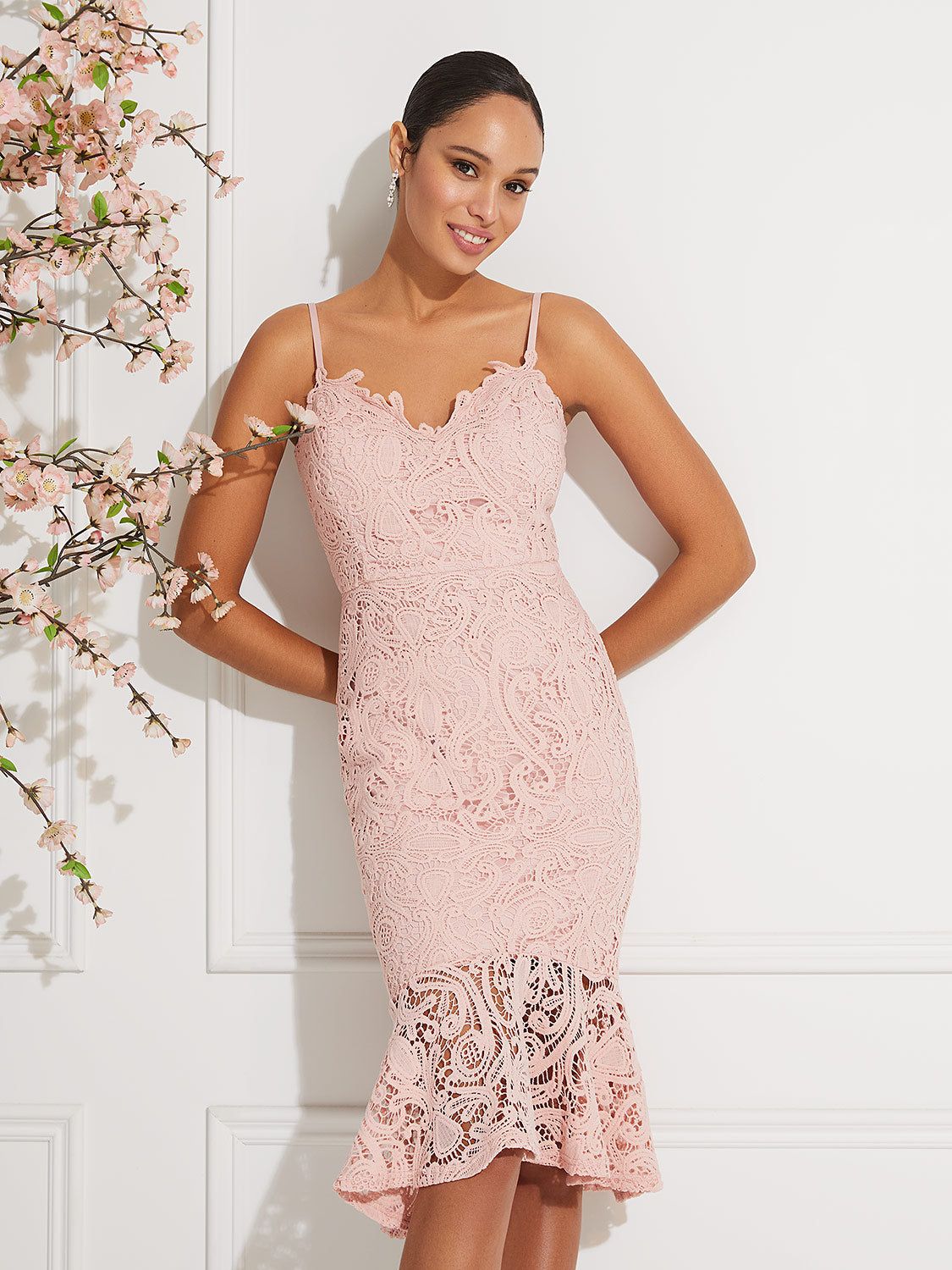 Allover Lace Knee Length Dress With Ruffle Hem sold by Suzy Shier