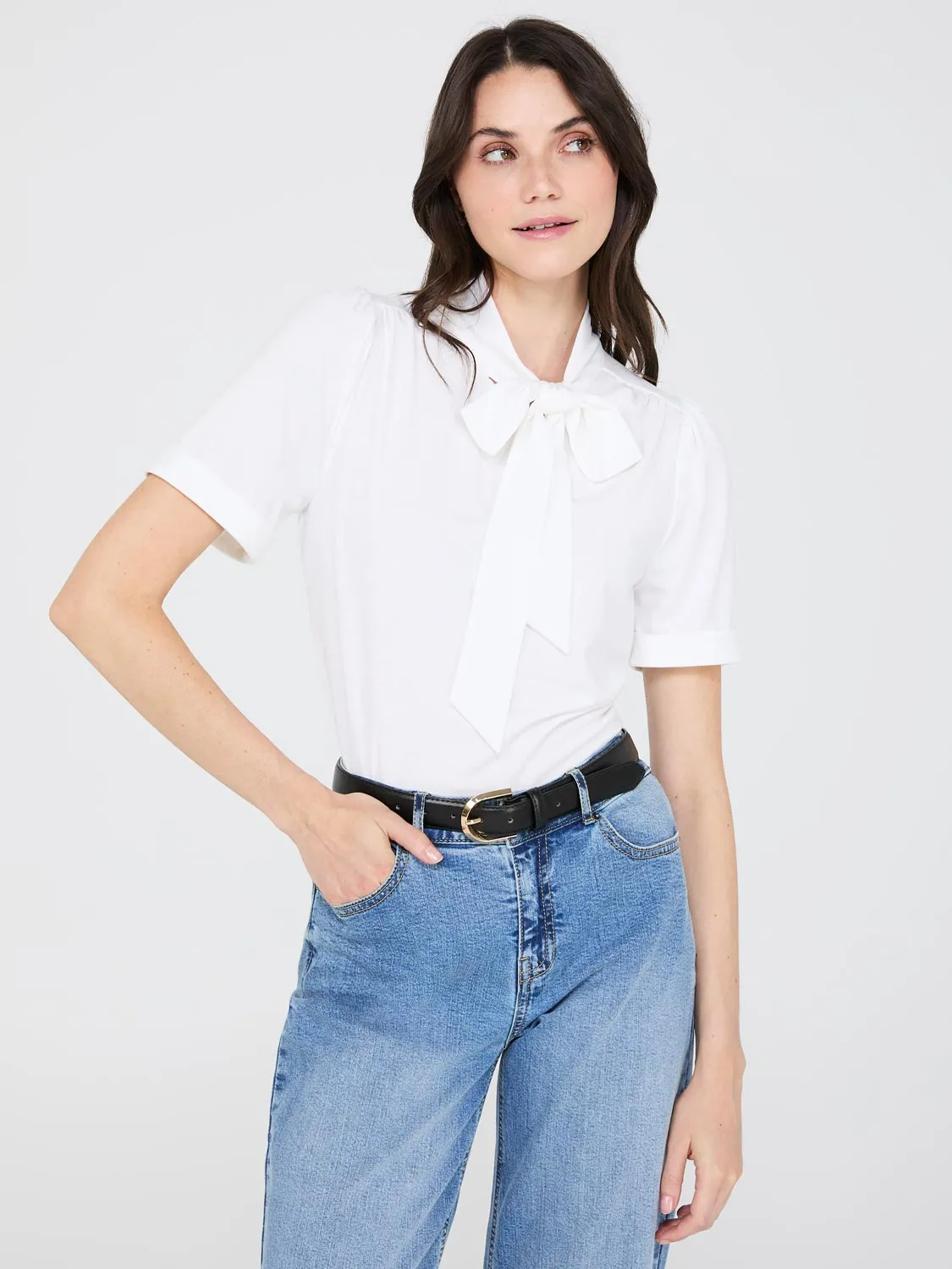 Short Sleeve Tie-Neck Top sold by Suzy Shier
