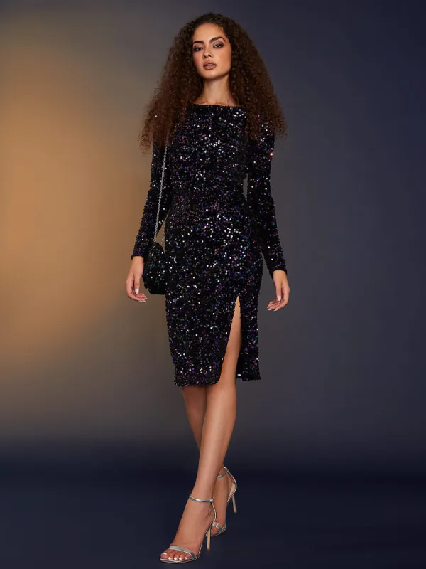Sequin Long Sleeve Midi Sheath Dress With Open Back sold by Suzy Shier