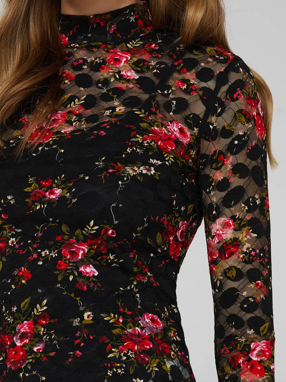 Mock Neck Lace Floral Print Top With Camisole Lining sold by Suzy Shier product image thumbnail 5
