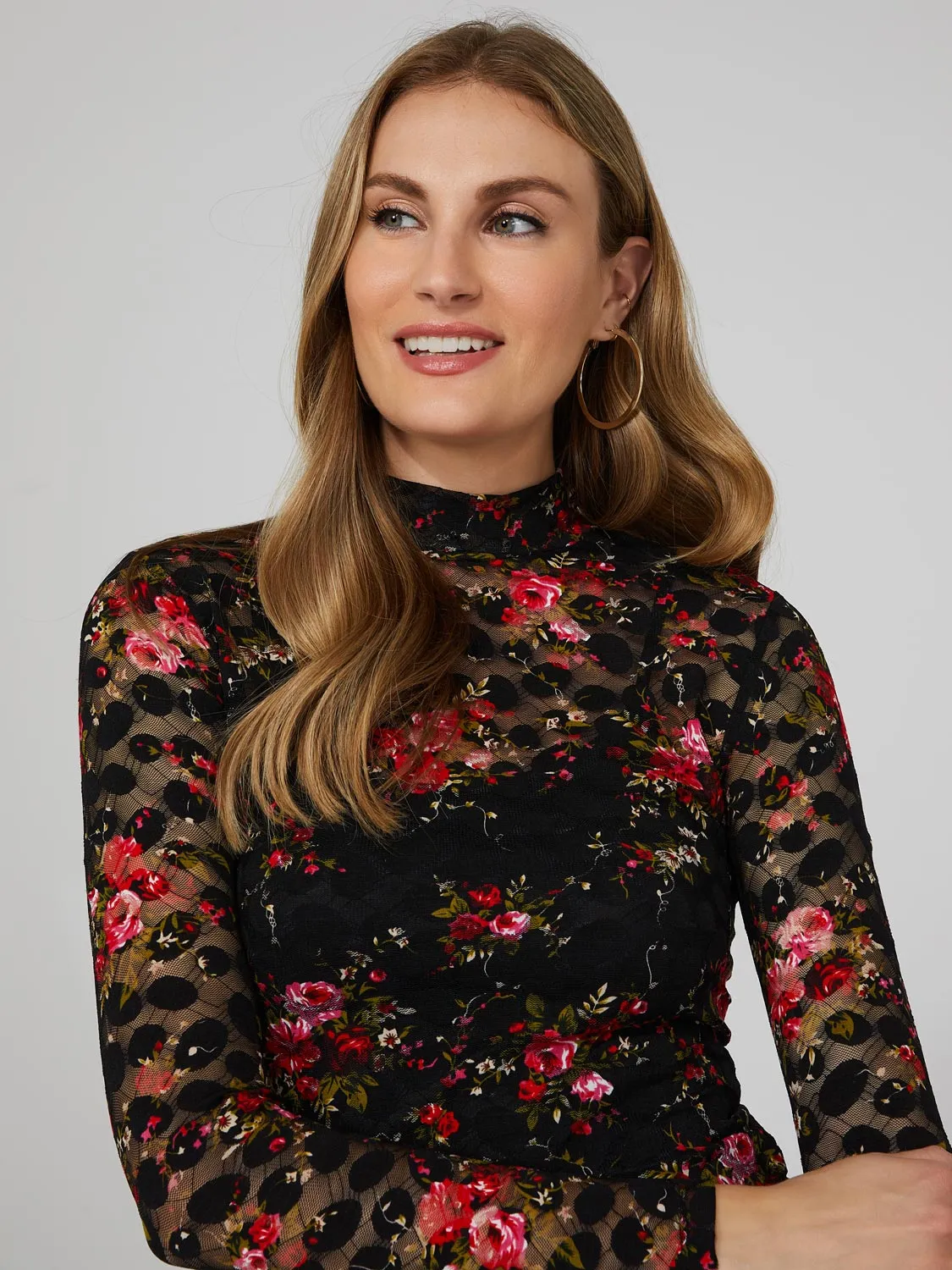 Mock Neck Lace Floral Print Top With Camisole Lining sold by Suzy Shier product image thumbnail 2