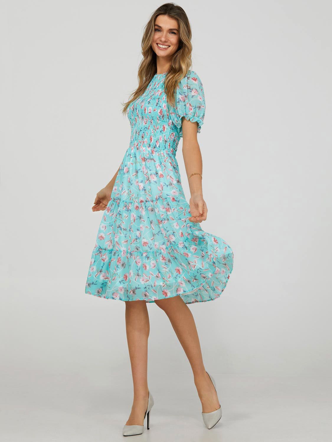 Floral Print 2-Tier Dress With Puff Sleeves sold by Suzy Shier