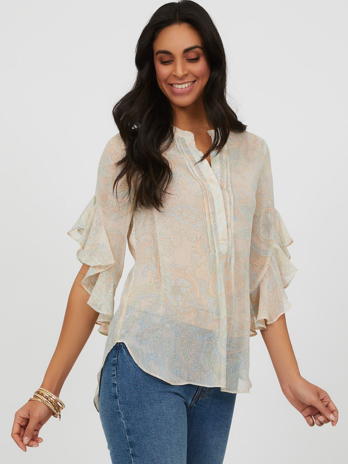 ¾ Ruffle Sleeve Neuro Collar Printed Blouse sold by Suzy Shier