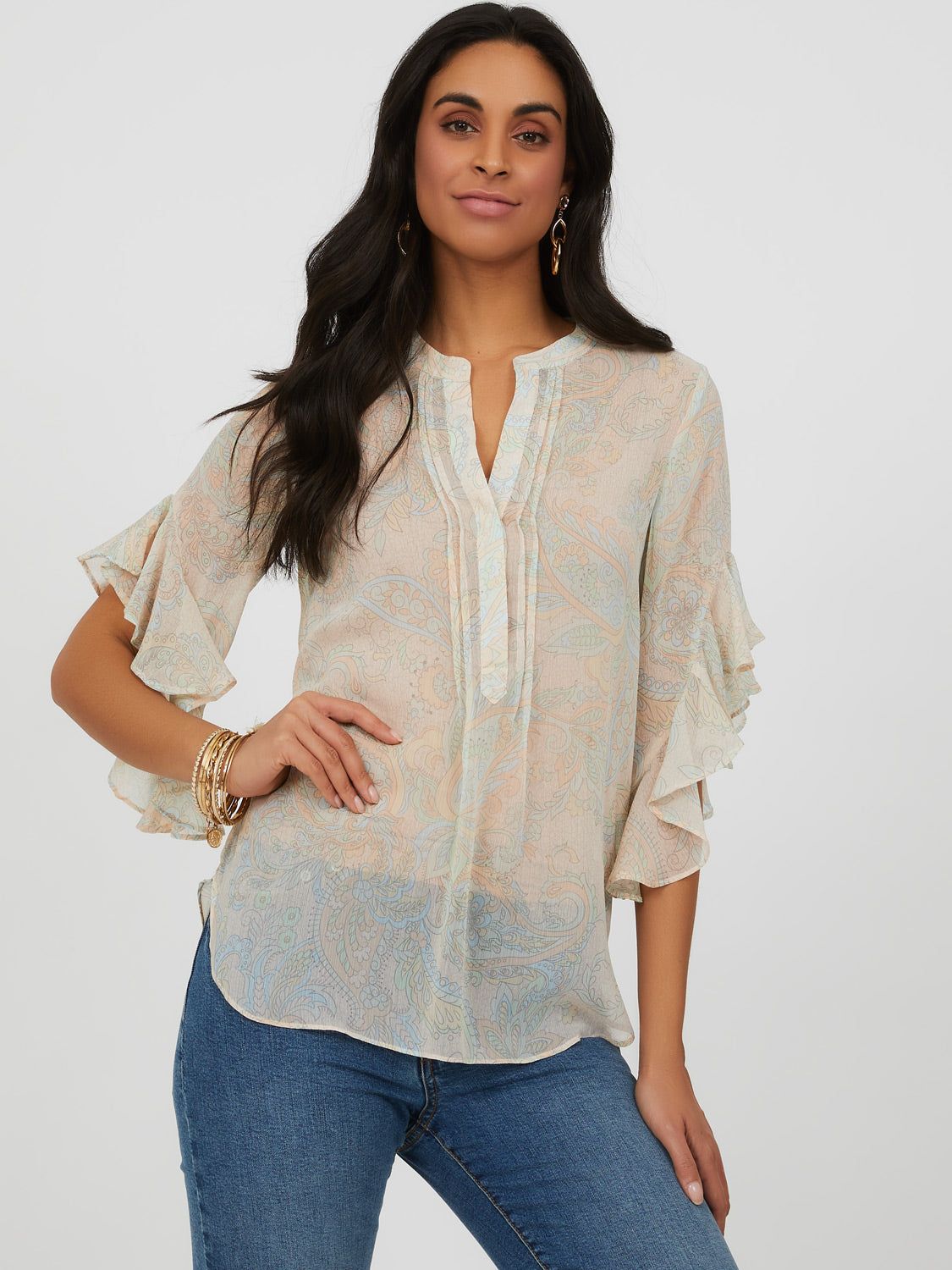 ¾ Ruffle Sleeve Neuro Collar Printed Blouse sold by Suzy Shier product image thumbnail 3