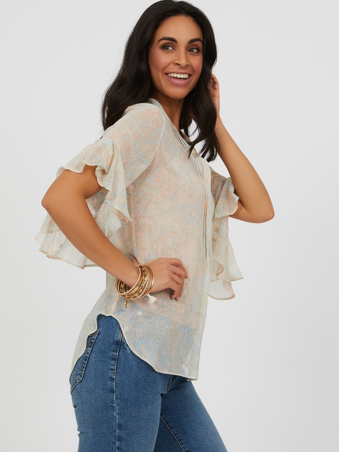 ¾ Ruffle Sleeve Neuro Collar Printed Blouse sold by Suzy Shier product image thumbnail 2