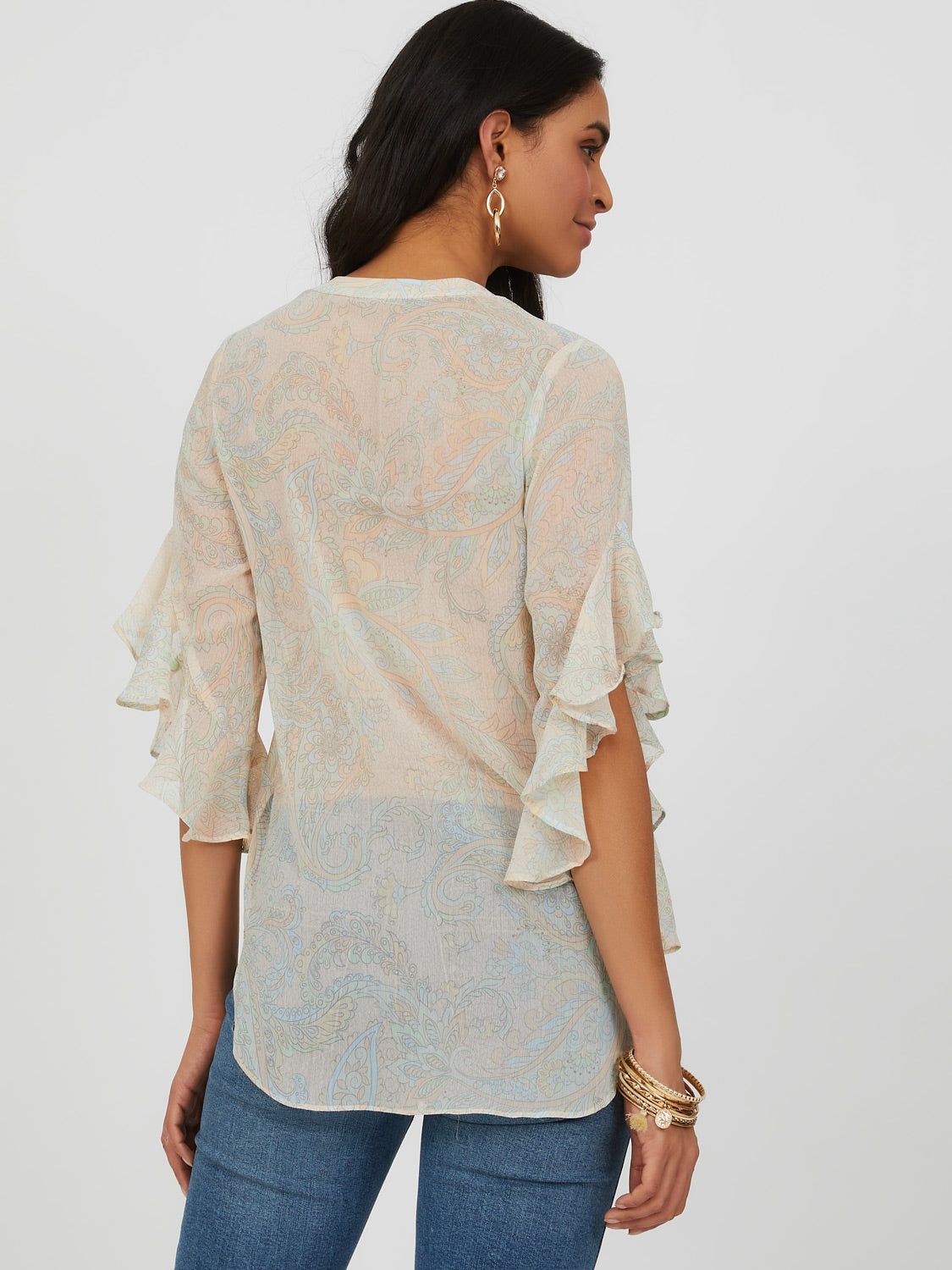 ¾ Ruffle Sleeve Neuro Collar Printed Blouse sold by Suzy Shier product image thumbnail 4