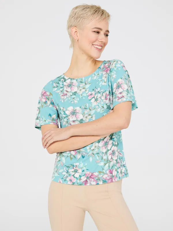 Floral Print Flutter Sleeve Boat Neck Top sold by Suzy Shier