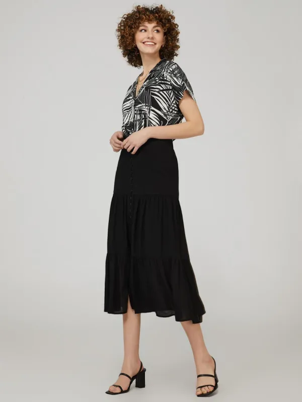 Tiered Button-Down Maxi Skirt With Front Slit sold by Suzy Shier