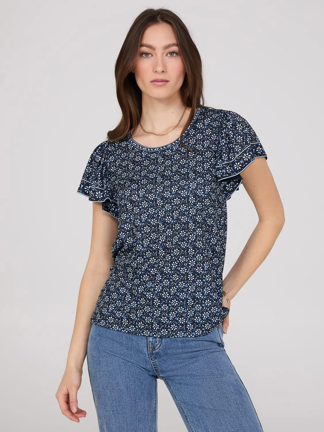 Printed Scoop Neck Flutter Sleeve Jersey Top sold by Suzy Shier