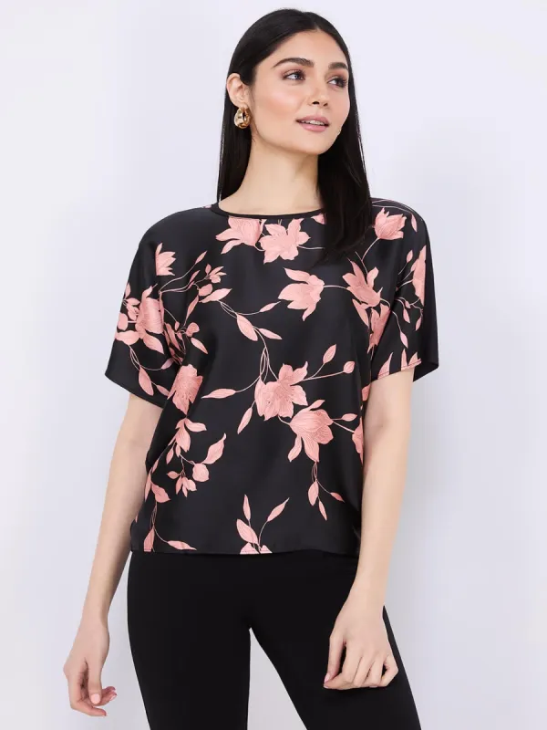 Floral Print Satin Front Dolman Sleeve T-Shirt sold by Suzy Shier