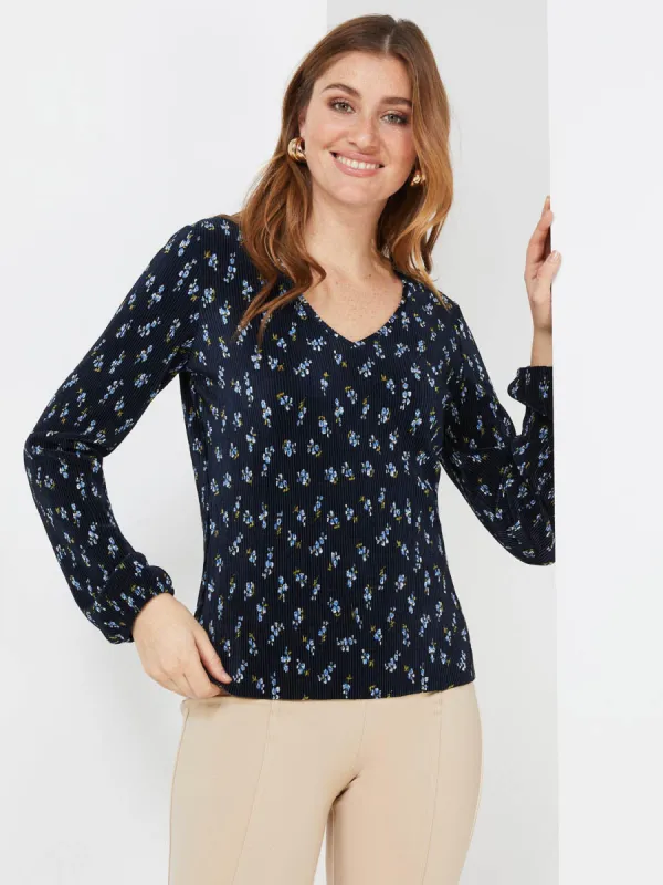 Floral Print Plisse V-Neck Top sold by Suzy Shier