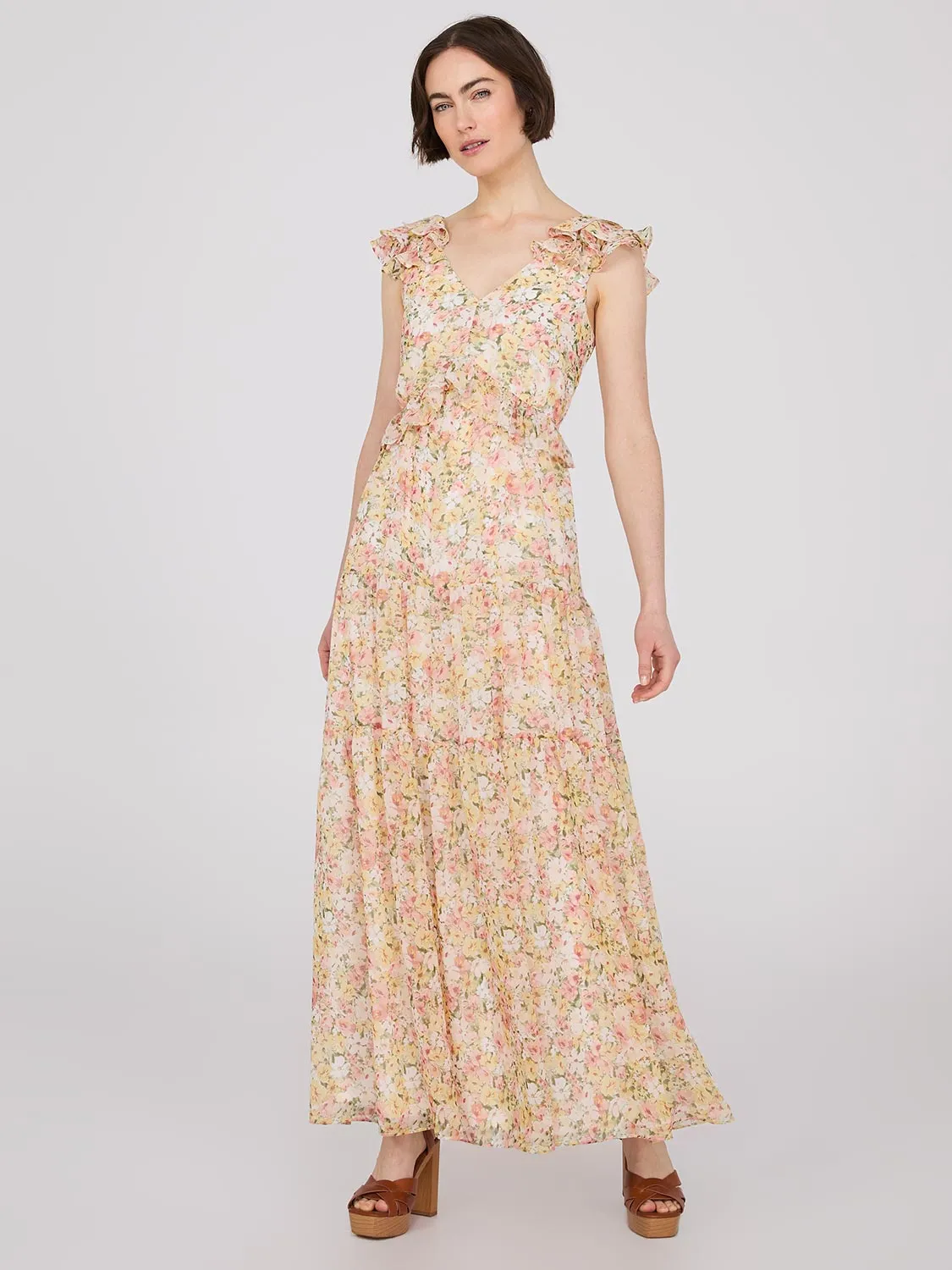 Sleeveless Printed Ruffle Chiffon Maxi Dress sold by Suzy Shier