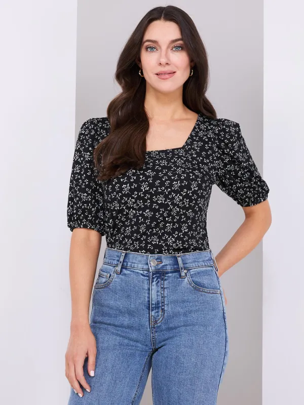 Floral Print Puff Sleeve Square Neck Top sold by Suzy Shier