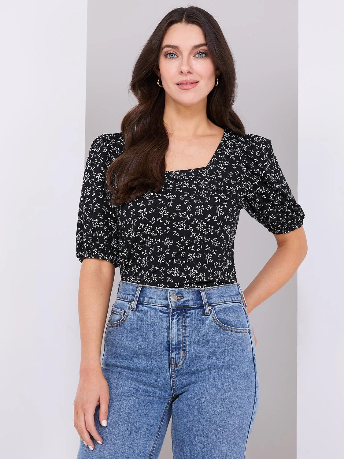 Floral Print Puff Sleeve Square Neck Top sold by Suzy Shier