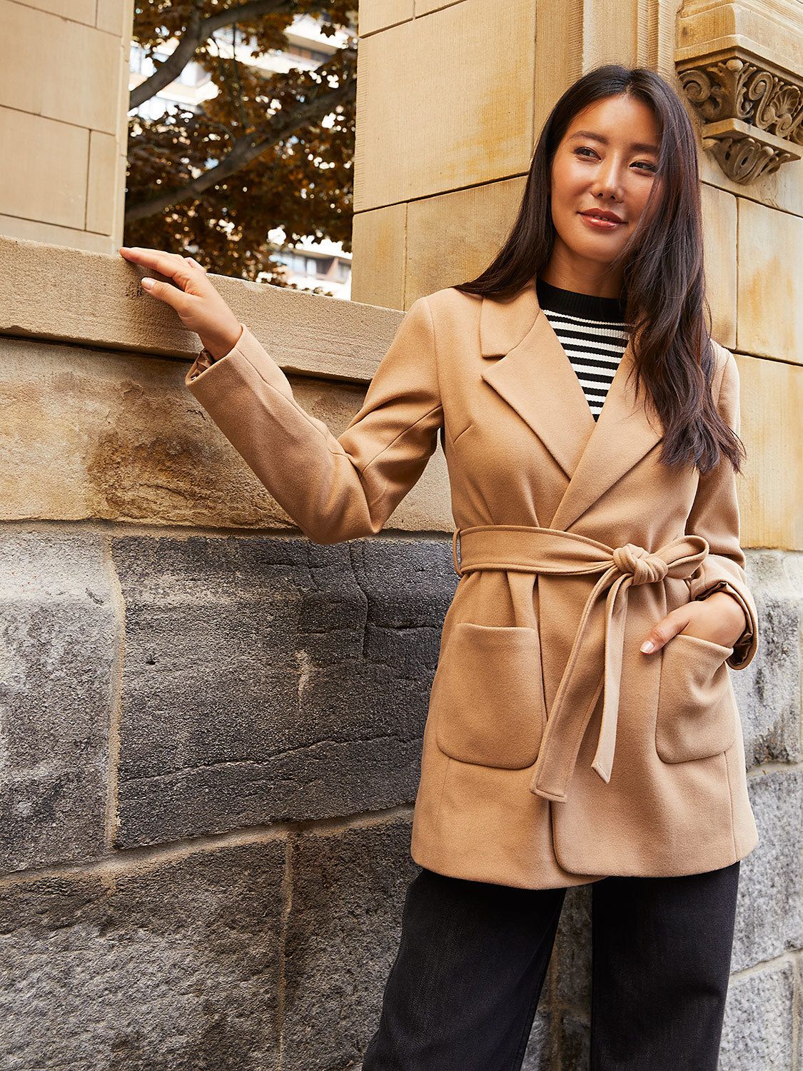 Short Belted Coat With Front Patch Pockets sold by Suzy Shier