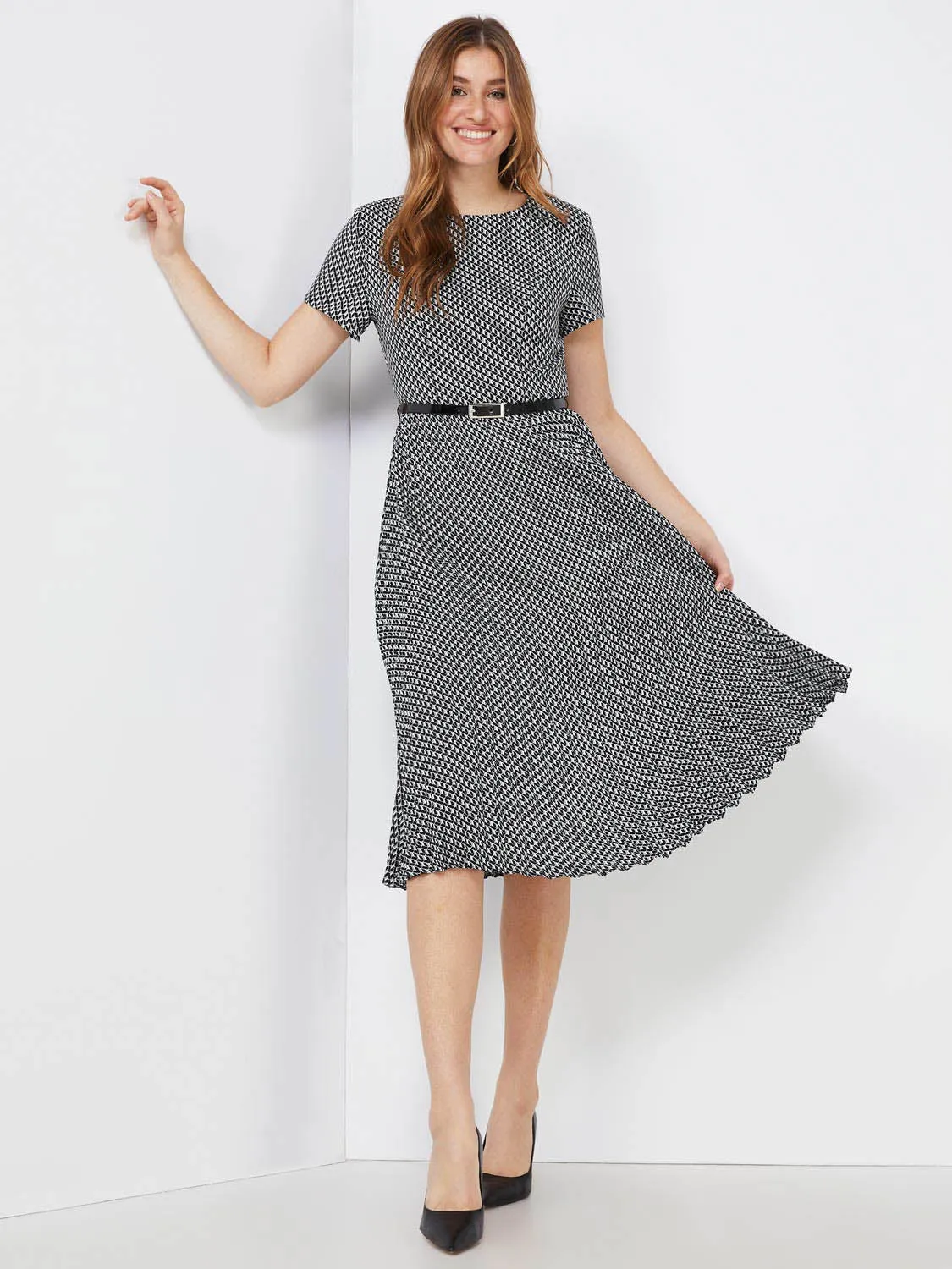 Geo Print Belted Pleated Midi Dress sold by Suzy Shier