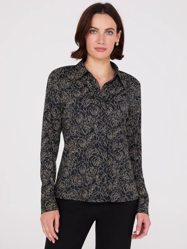 Rose Print Button-Front Classic Blouse sold by Suzy Shier