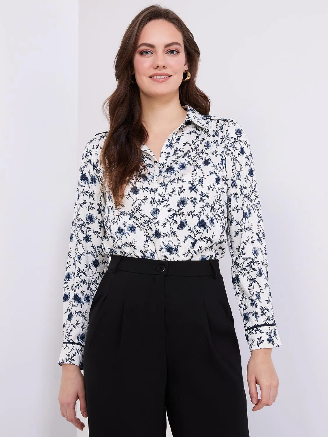Textured Floral Print Button-Front Blouse sold by Suzy Shier
